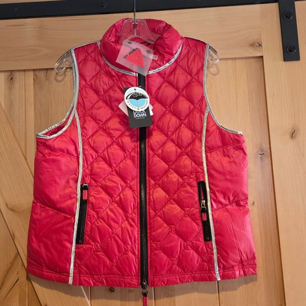 New! My Anorak Women L Zip Down Puffer Vest Packable Red Silver Metallic Quilted